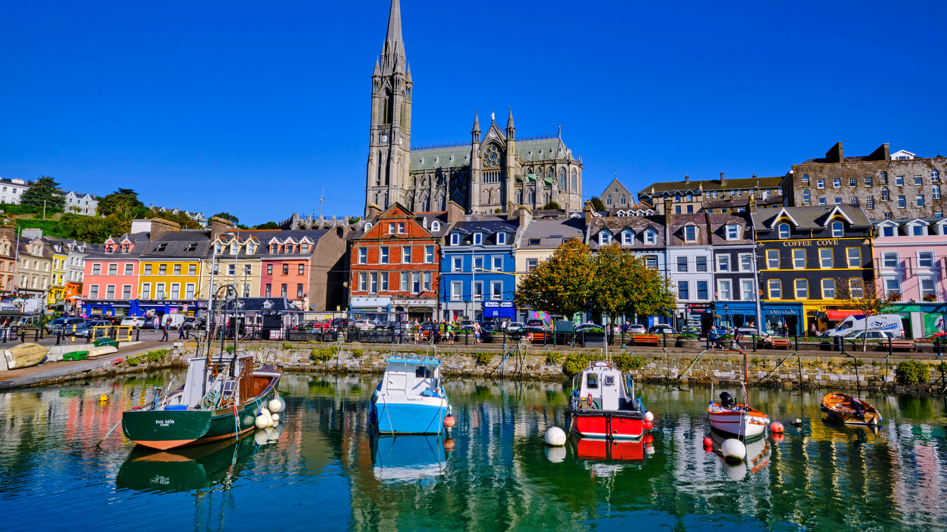 Cathedral overlooking colourful port-side buildings