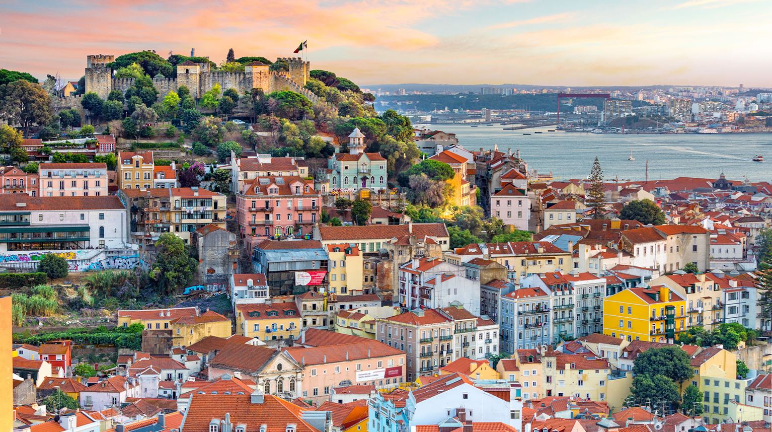 Lisbon Skyline showing buildings with orange roof in Portugal