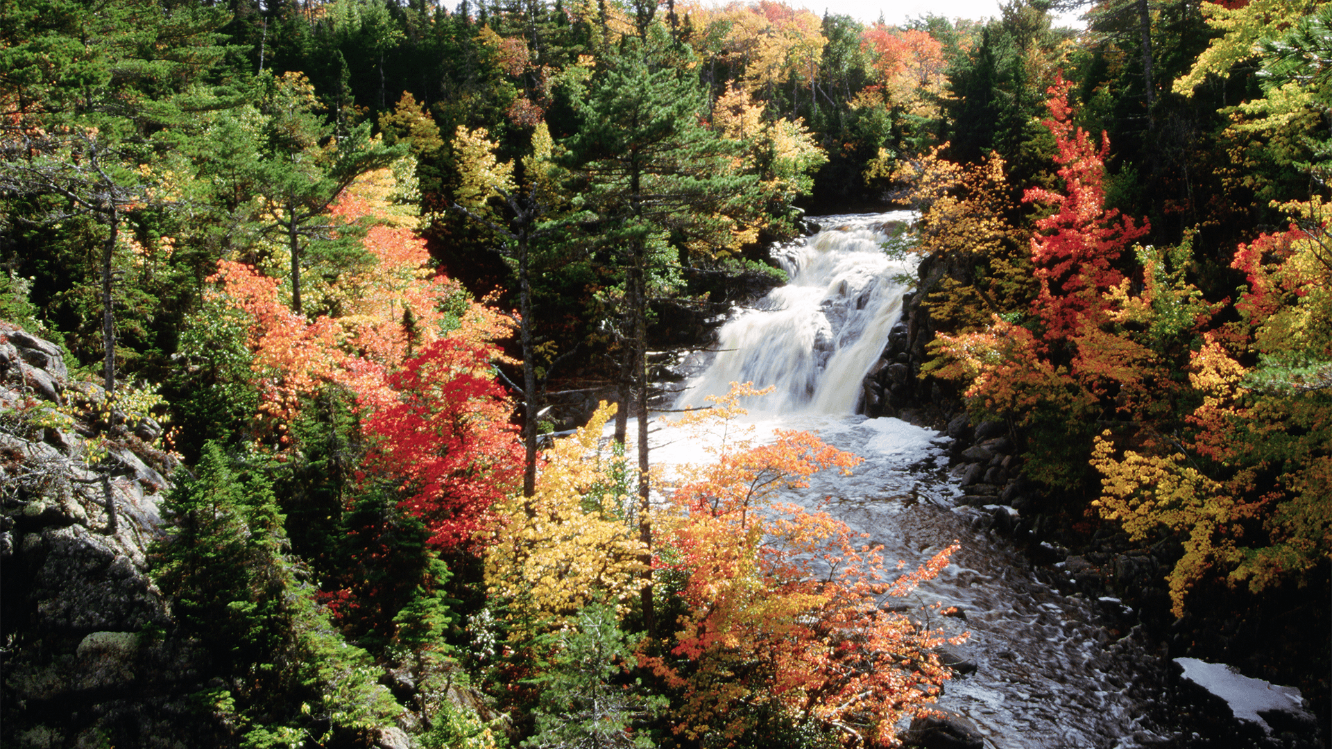 Mary Ann Falls surrounded by vibrant fall foliage