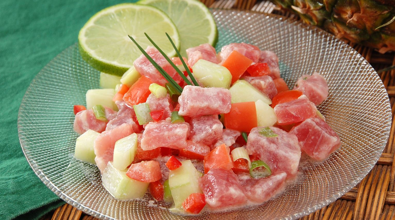 A plate of Poussin Cru, a traditional French Polynesian raw tuna dish