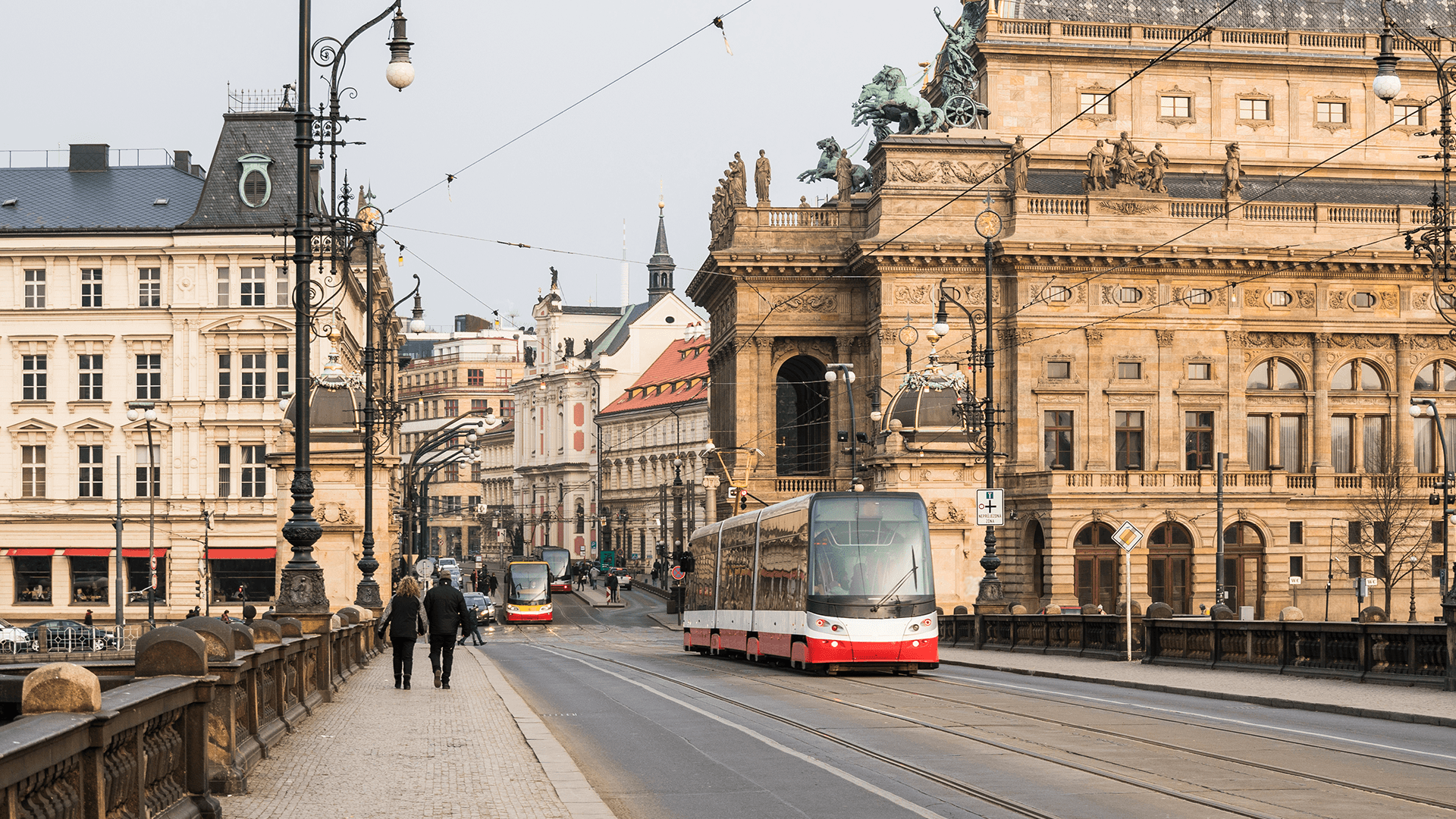 Electric tram running through the medieval old town