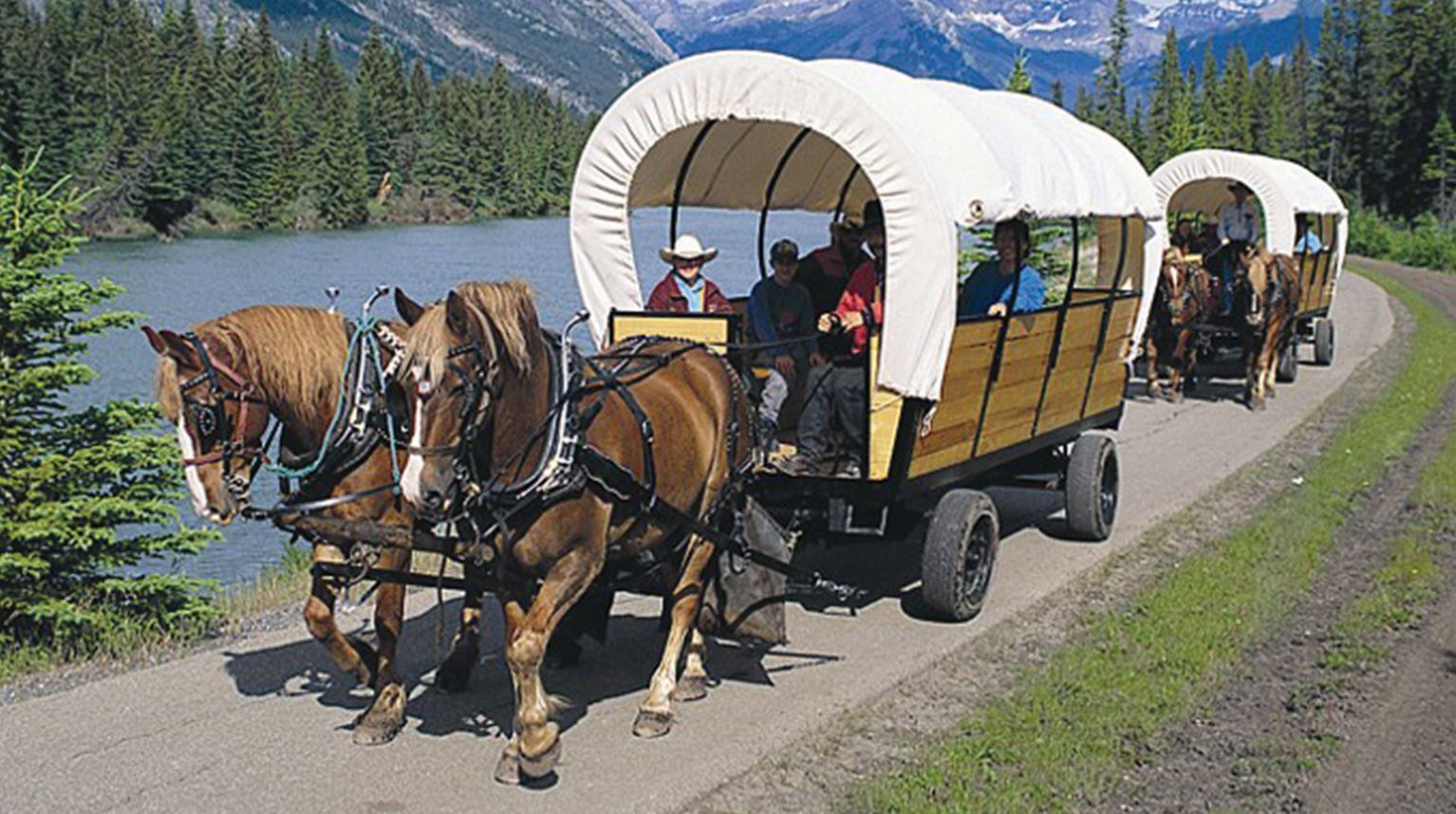 A wagon ride along the Bow River, with mountains and forests around Alberta.