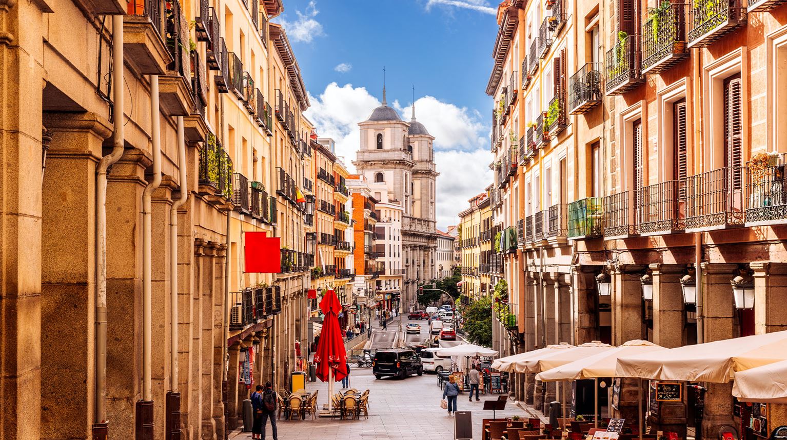 Sunny street in the old town of Madrid
