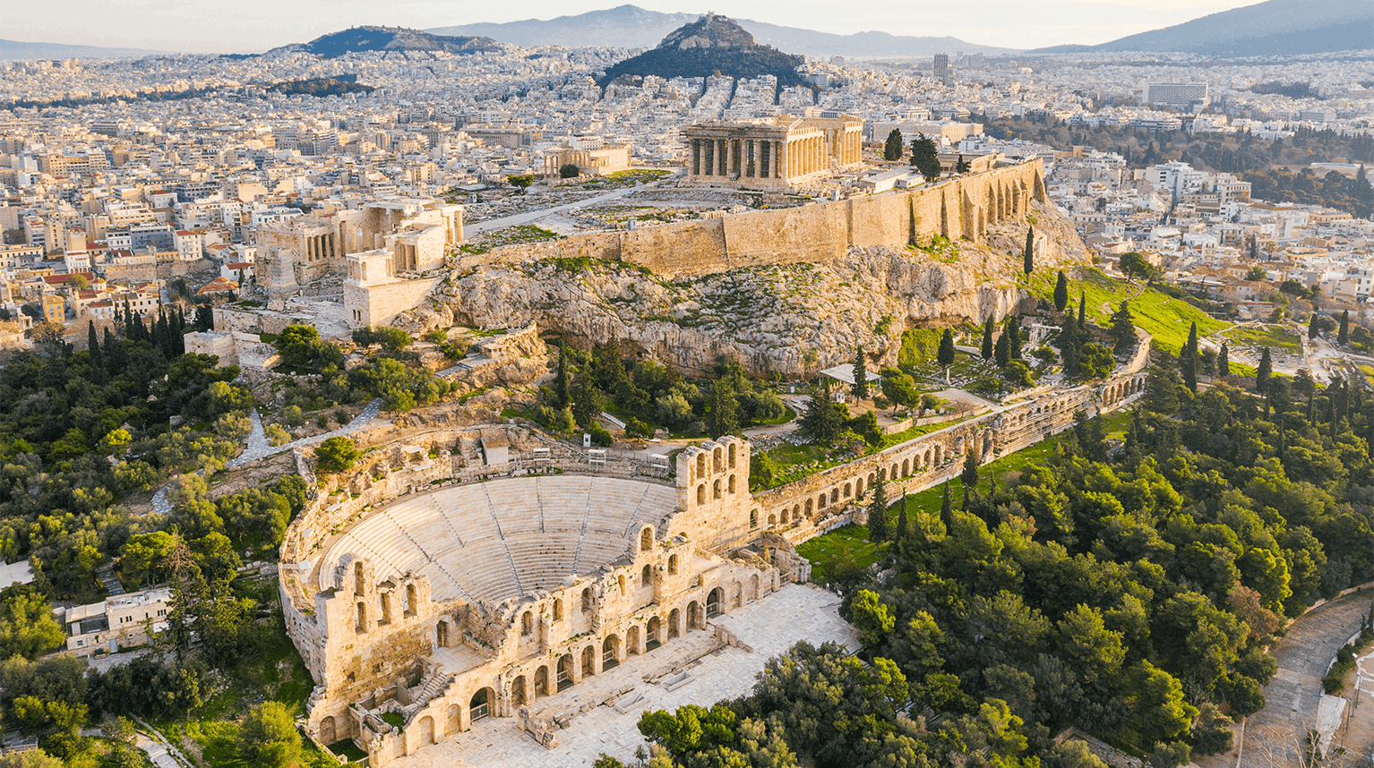 Aerial photo of the Acropolis and Odeon of Herodes