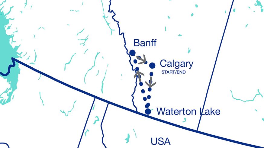 Simplified Authentic Alberta: Mountains, Glaciers and Lakes Tour Map