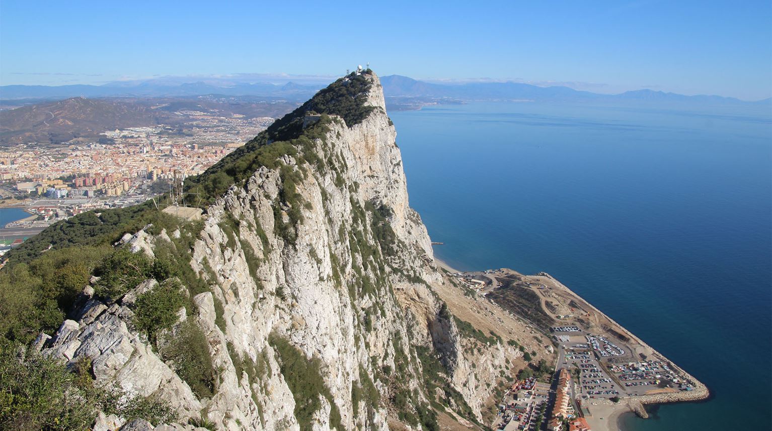 Aerial view of the Rock of Gibraltar mountain.