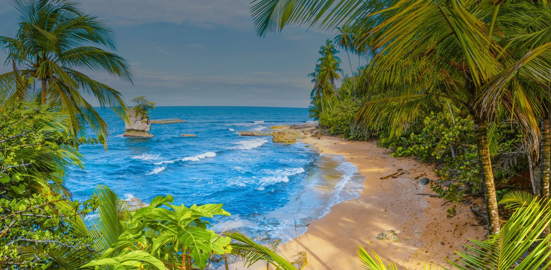 Manzanillo Beach Scenery of sea with palm tress and a beach in south Caribbean, Costa Rica 