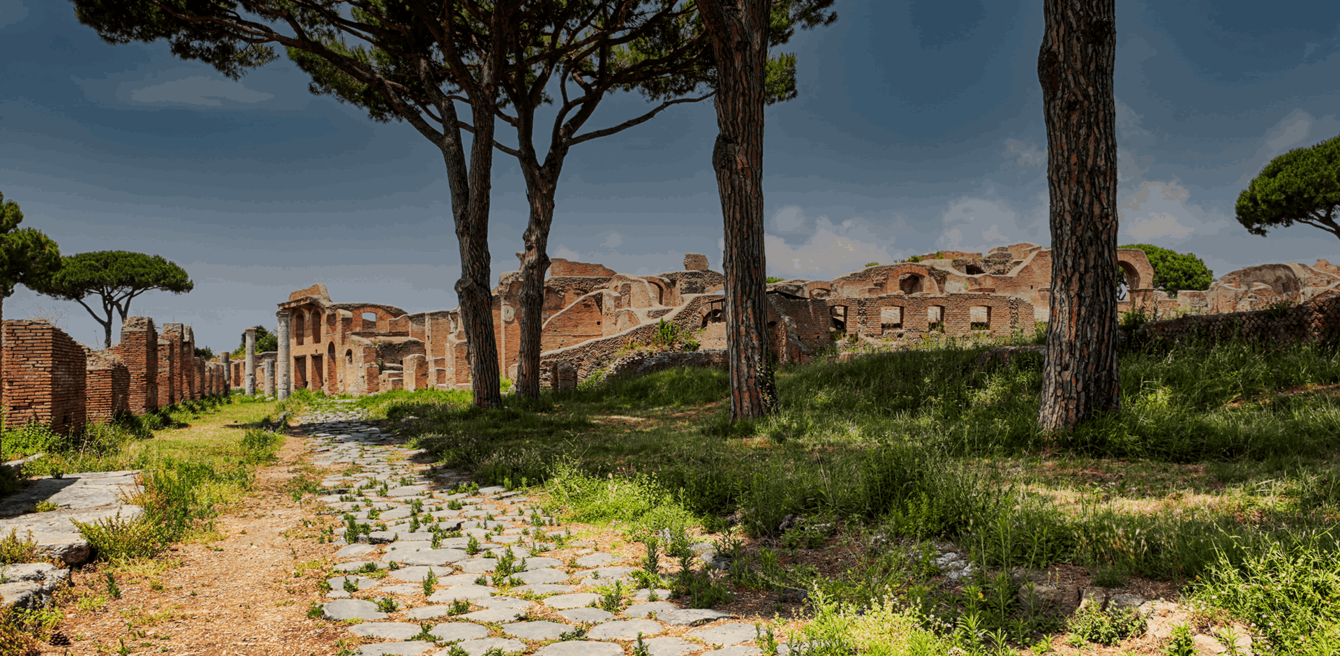 Archaeological Roman cobble street with tall trees and ruins in Ancient Ostia in Italian Ostia Antica, Rome, Italy