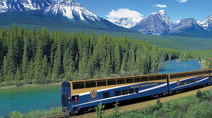 Rocky Mountaineer in the Canadian Rockies, Morant's Curve near Lake Louise, Alberta.