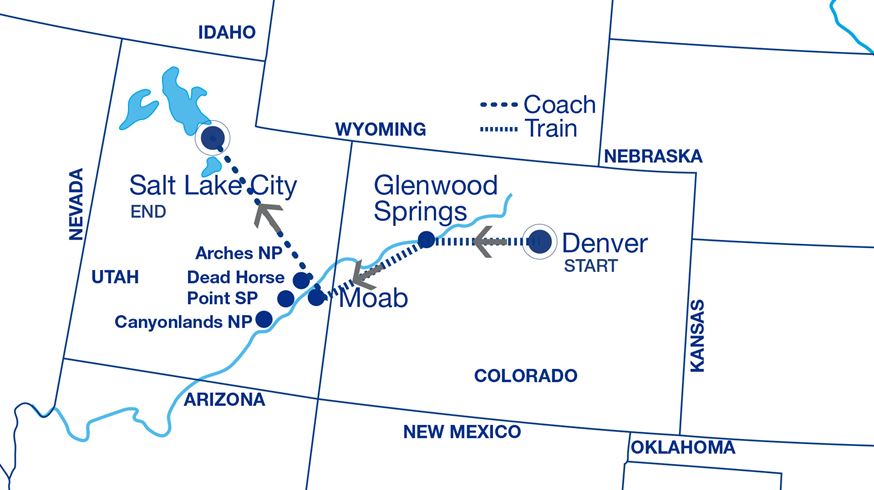 Simplified Colorado Rockies to the Moab Desert Tour Map