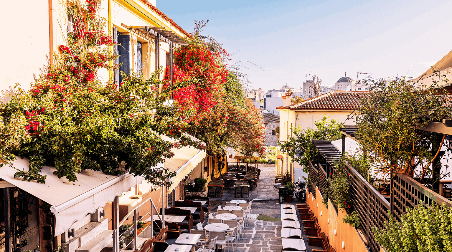 Café-lined street in the town of Plaka in Athens