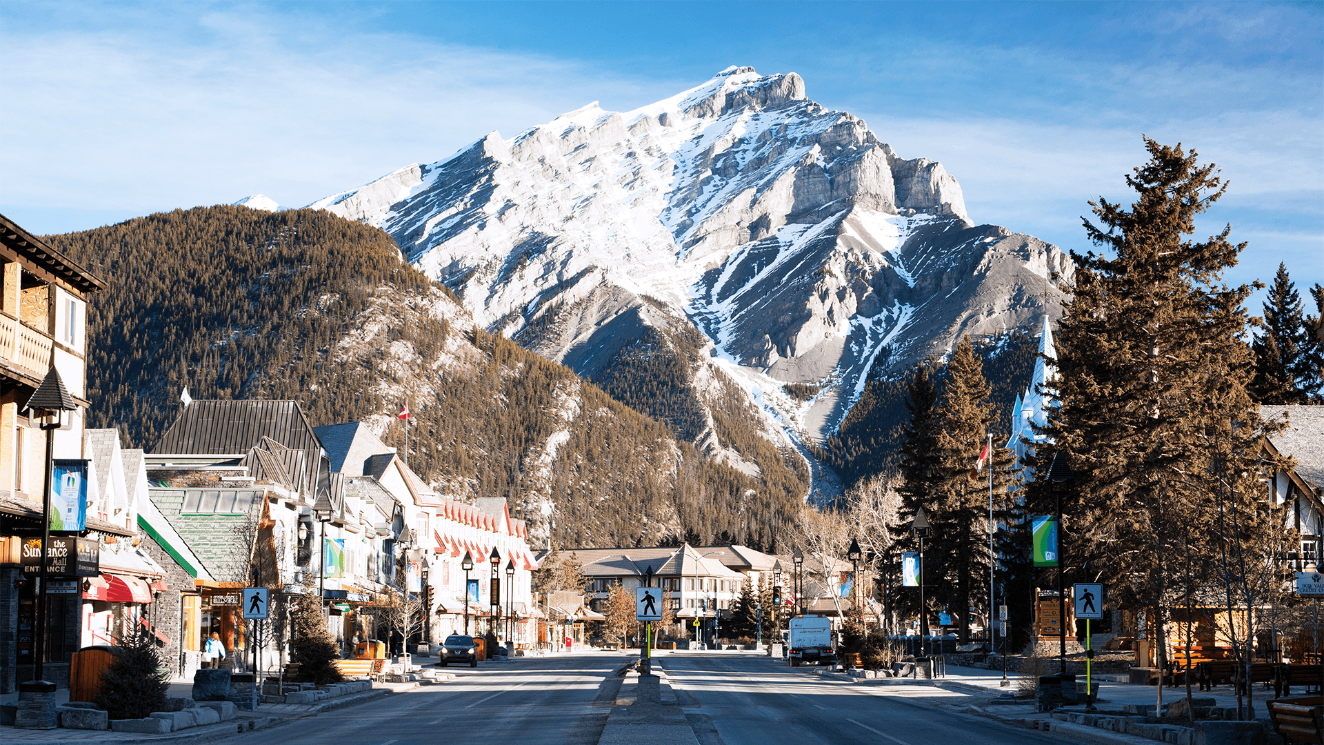 Early morning in Banff with mountains in the distance