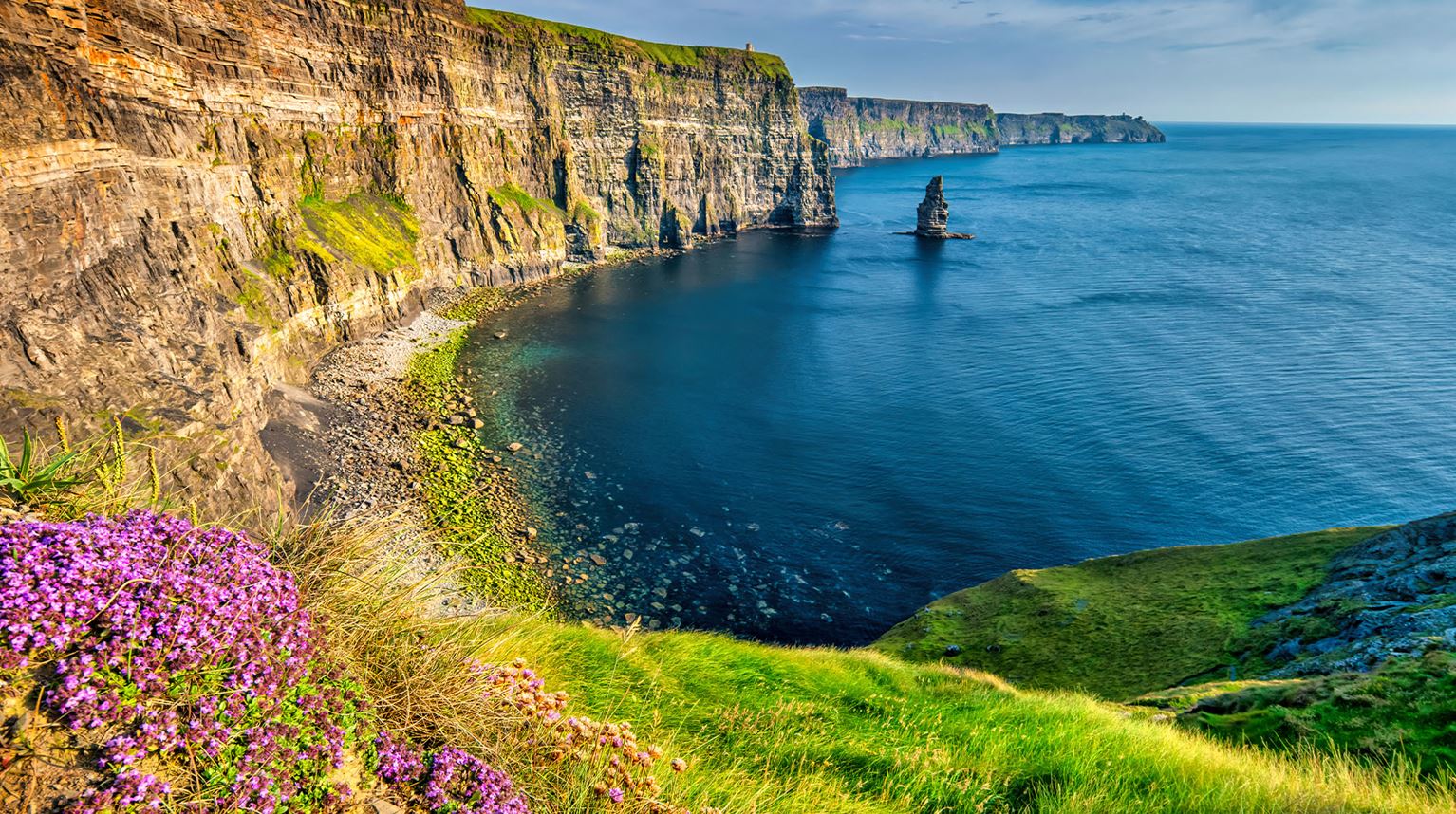 Aerial view of the Cliffs of Moher and Atlantic Ocean. 