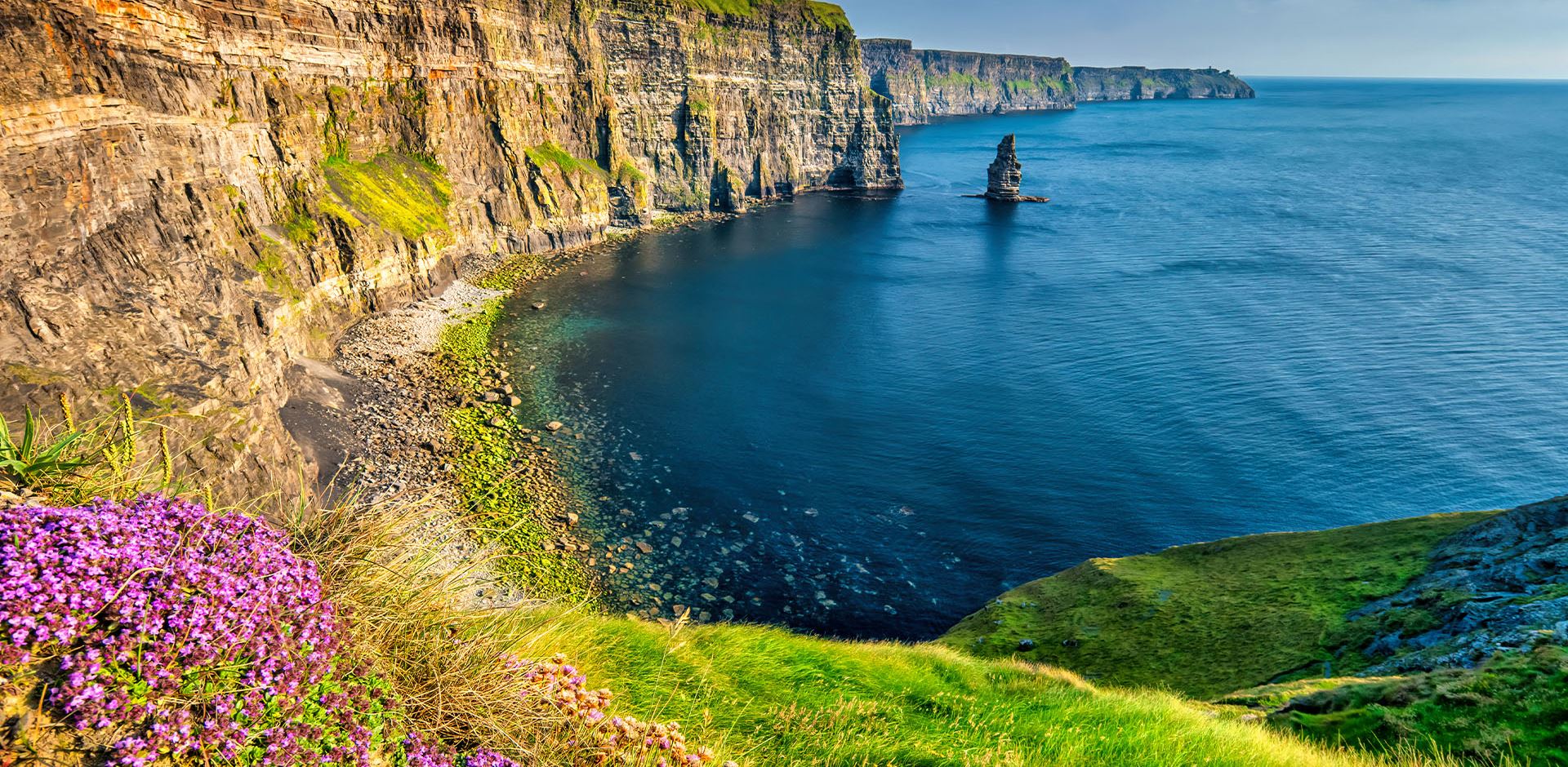 Aerial view of the Cliffs of Moher and Atlantic Ocean. 