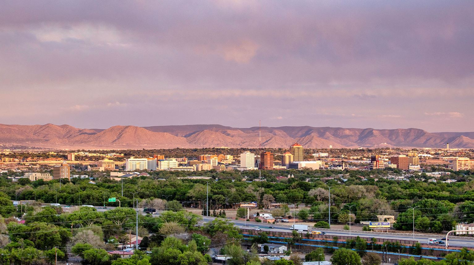 Aerial panorama view of downtown Albuquerque. 
