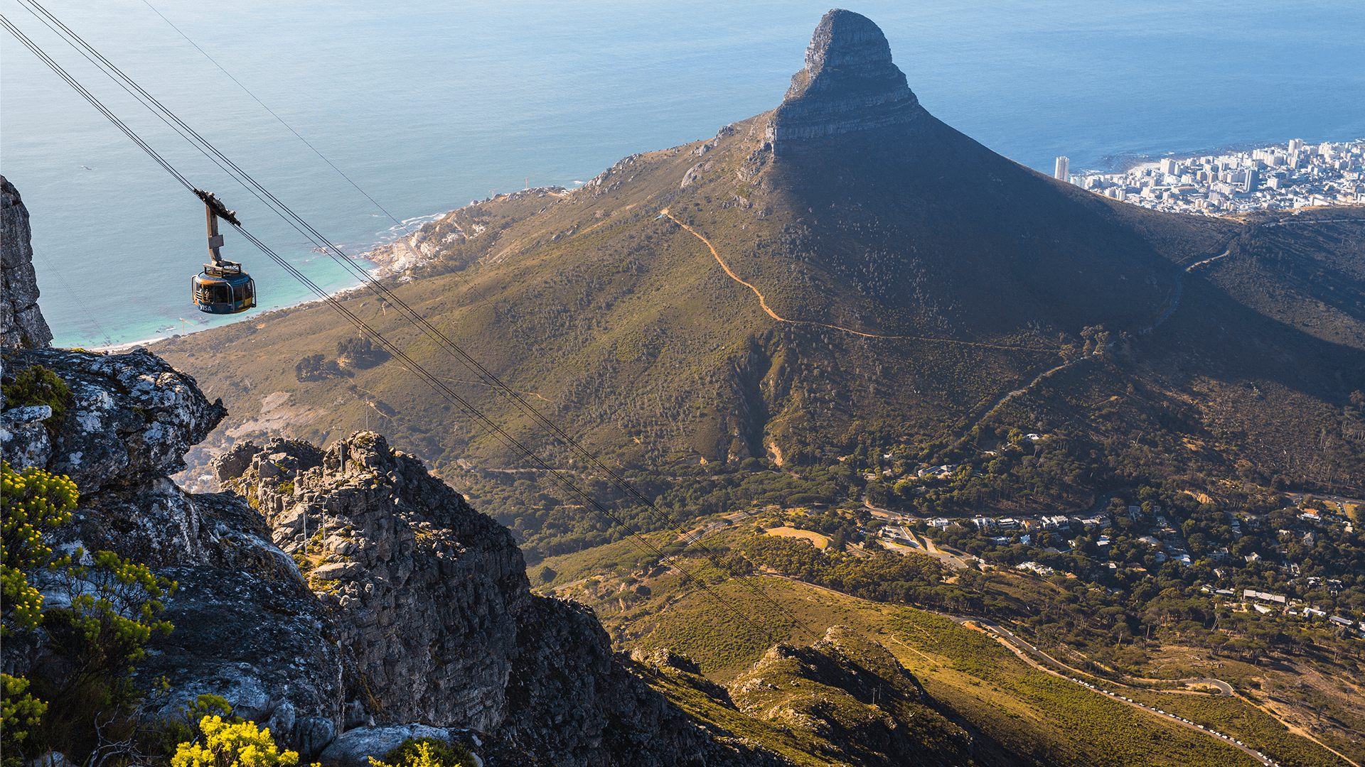 Aerial view of a cable car ascending Table Mountain