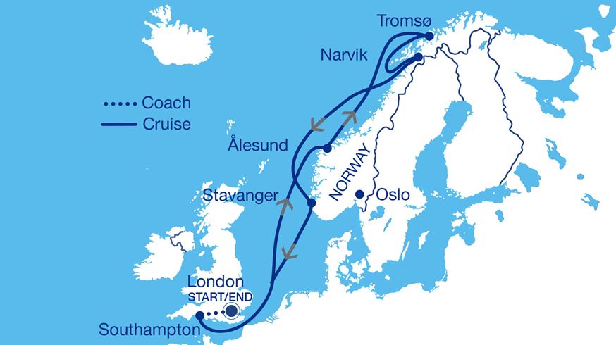 Simplified Chase the Northern Lights on a Cruise Through Norway Tour Map