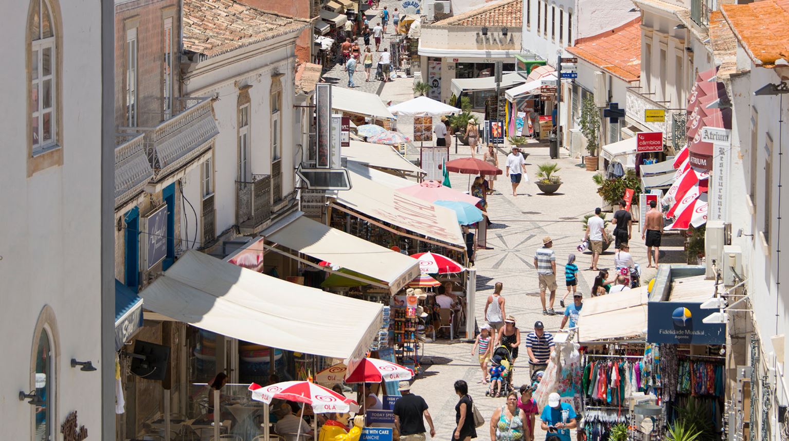 Pedestrian street in Albufeira on a sunny day