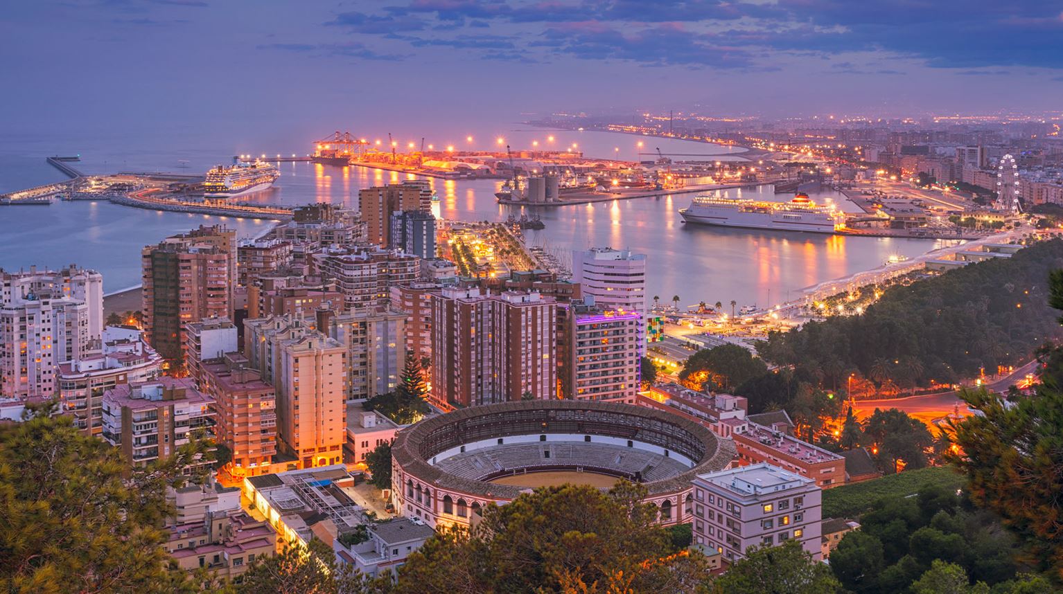 Aerial view of Malaga landscape with bullring and port. 