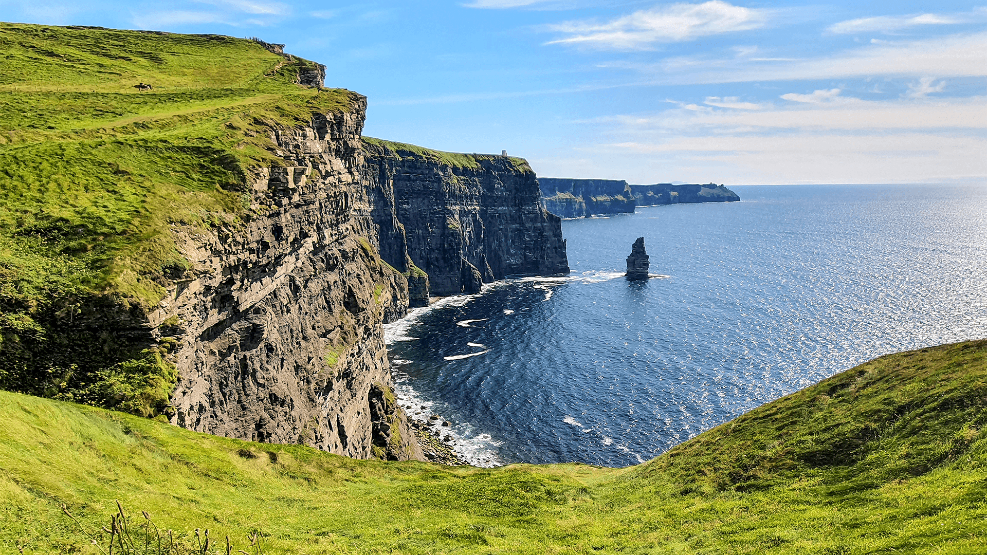 Grass-covered Cliffs of Moher meet the Atlantic Ocean