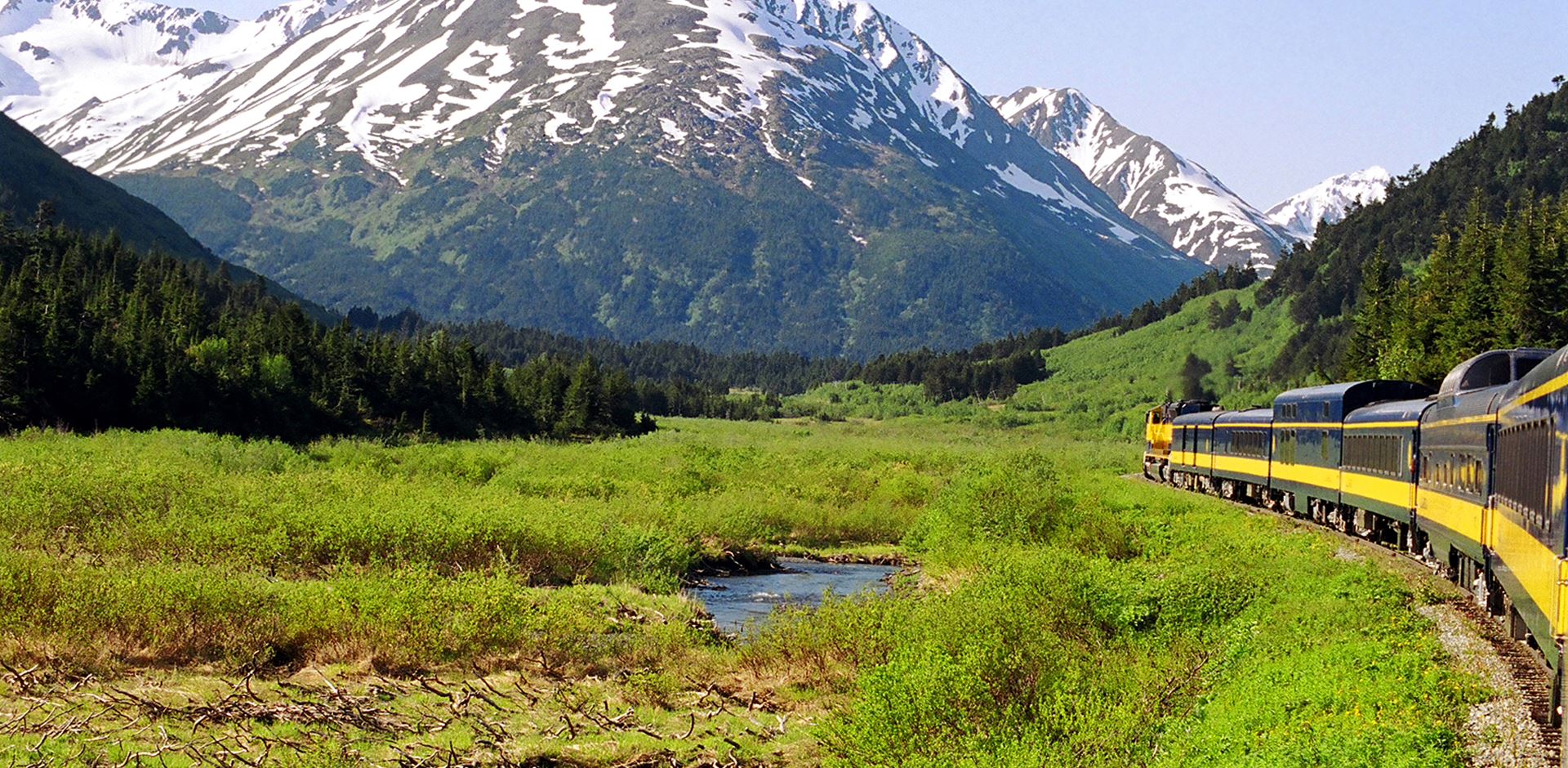 Panorama of a train traveling through the snow capped mountains, Denali National Park, Alaska