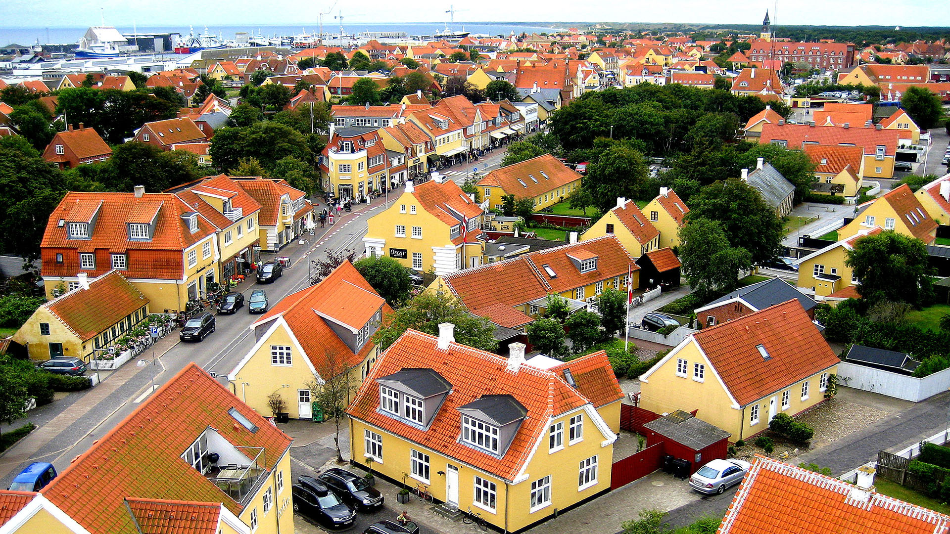 Aerial view of charming yellow houses in Skagen