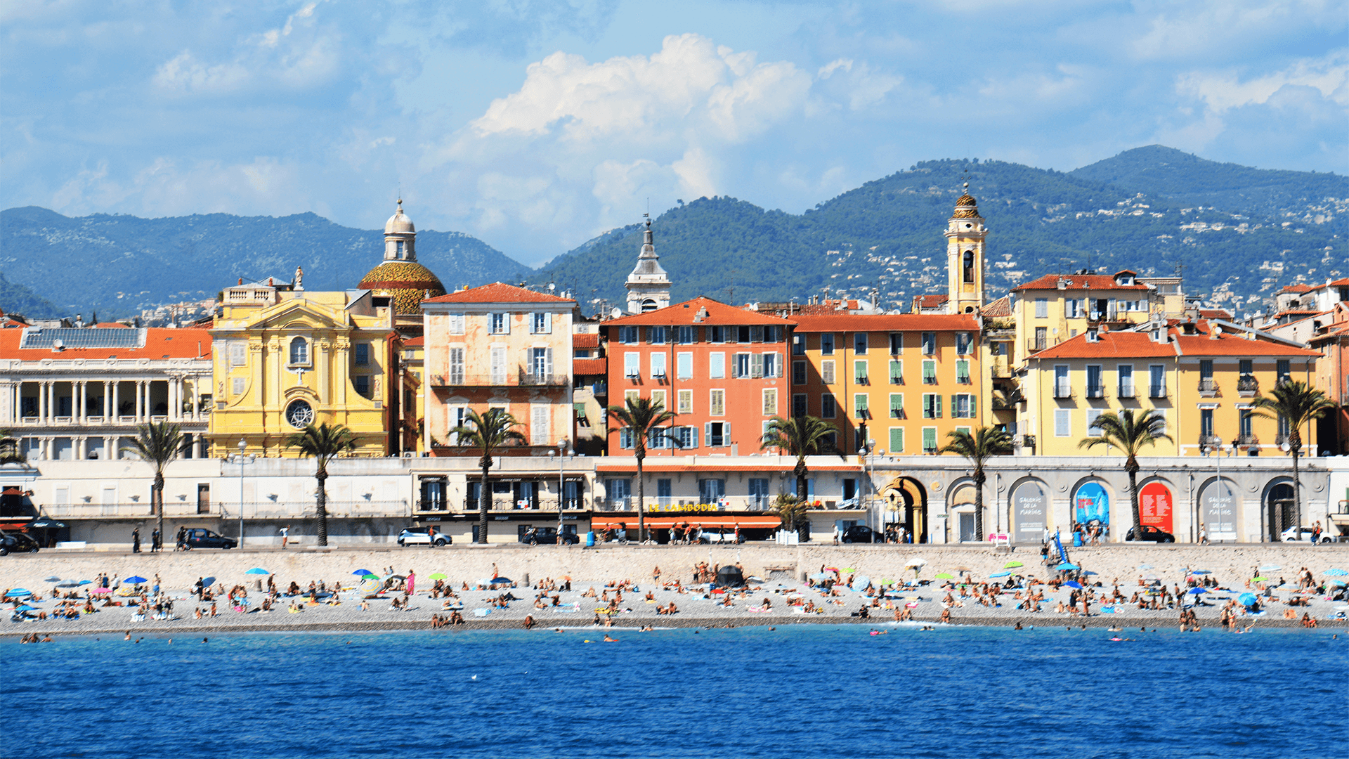 Promenade des Anglais framed by mountains and beach