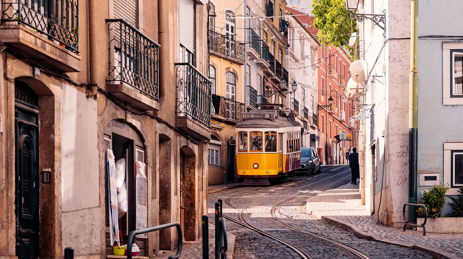 Historic Yellow Tram On A Steep Street In Lisbon
