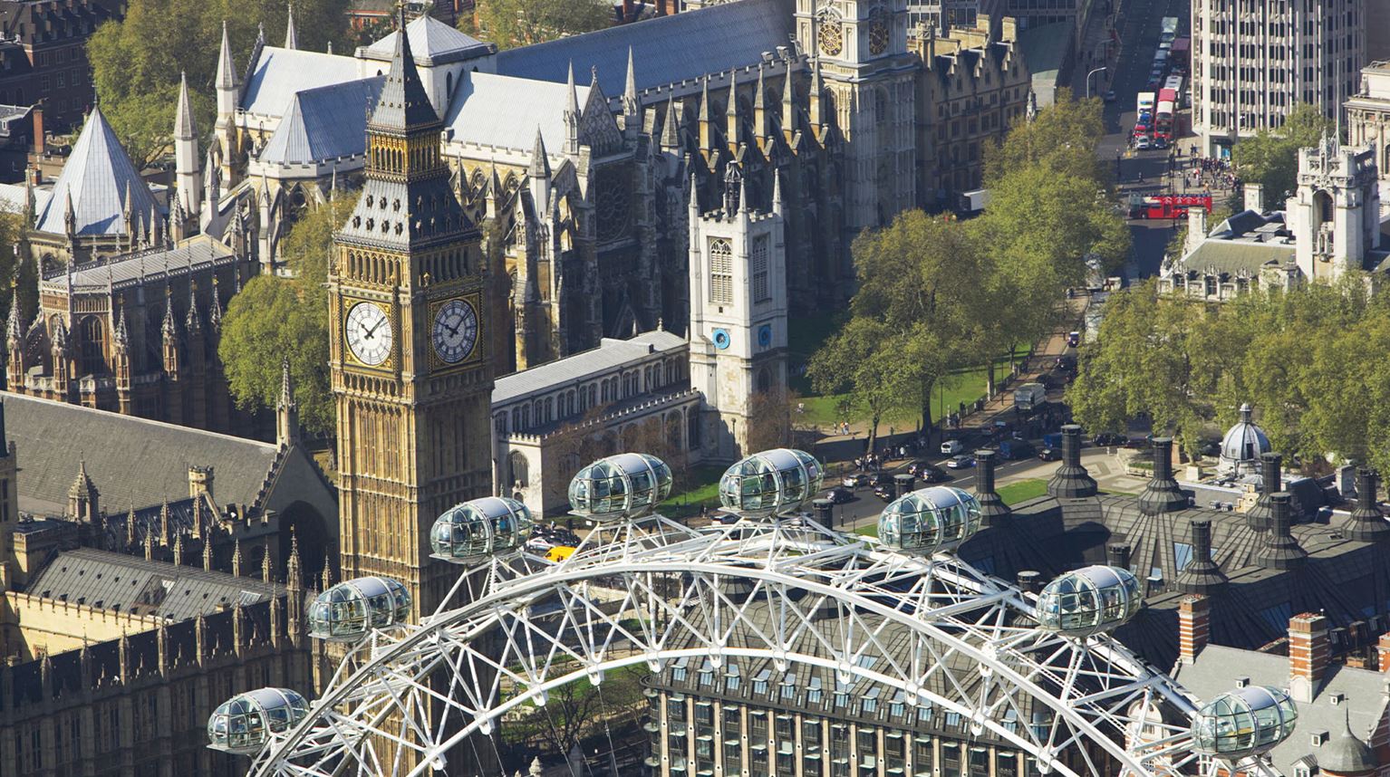 Aerial view of the London Eye and Houses of Parliament.