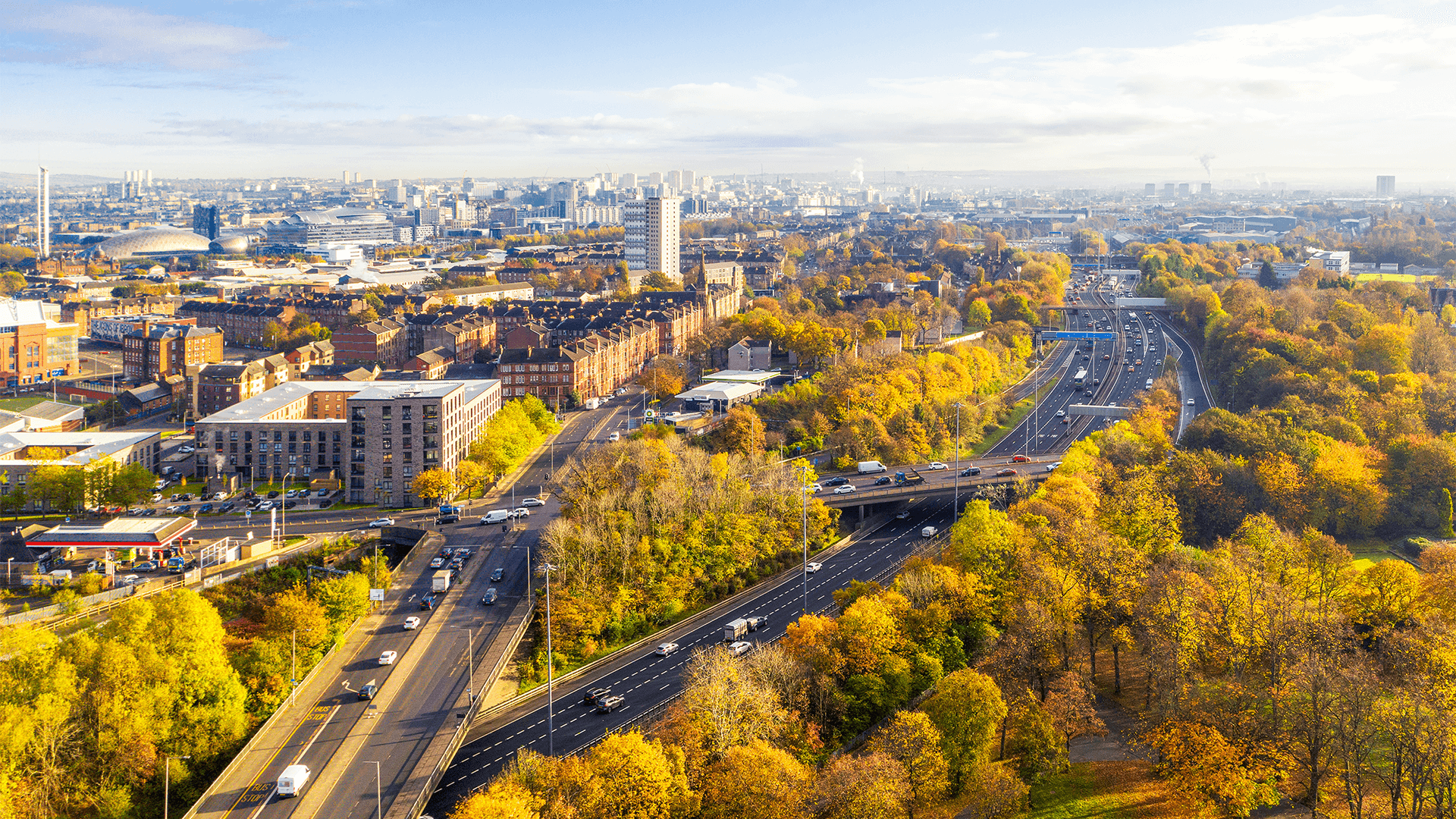 Aerial view of central Glasgow during autumn