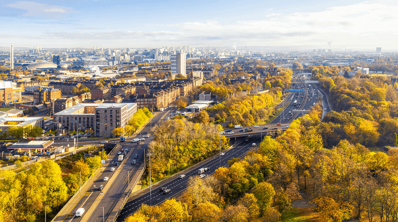 Aerial view of central Glasgow during autumn