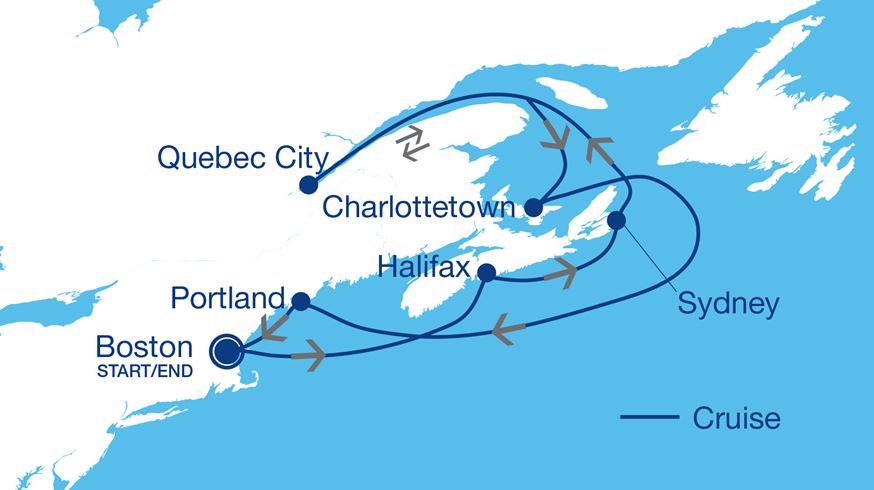 Simplified Autumn Colours of New England and Canada Cruise Tour Map