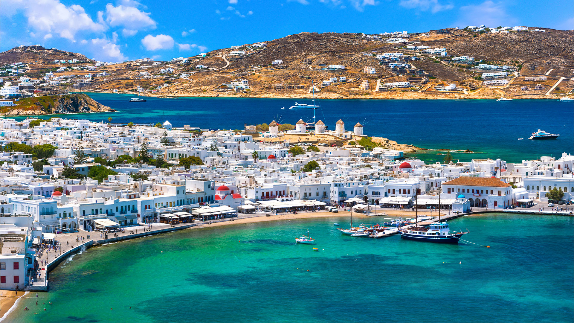 Mykonos port with boats, Cyclades islands, Greece