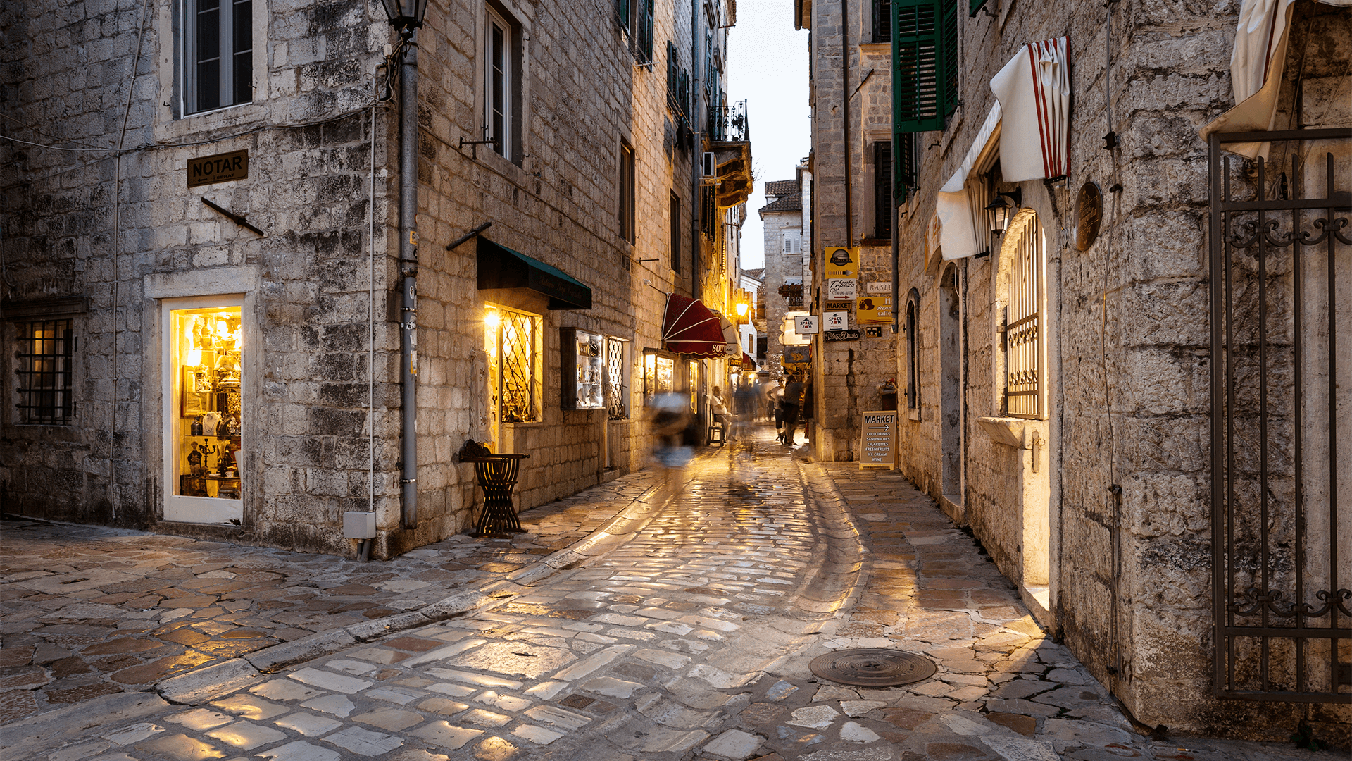 A cobblestone-lined street in Kotor old town