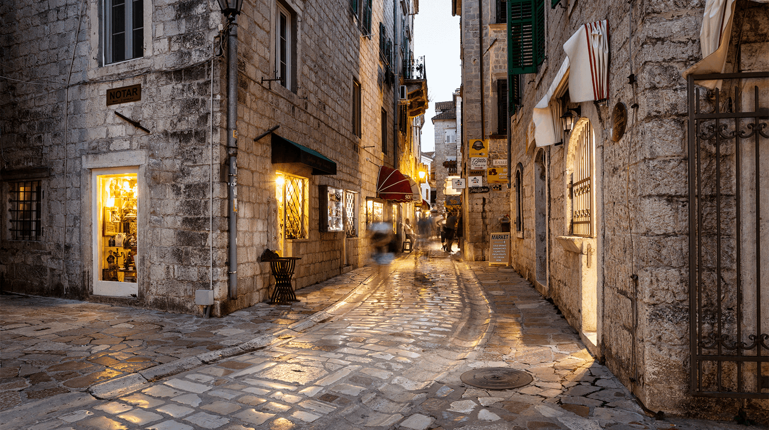 A cobblestone-lined street in Kotor old town