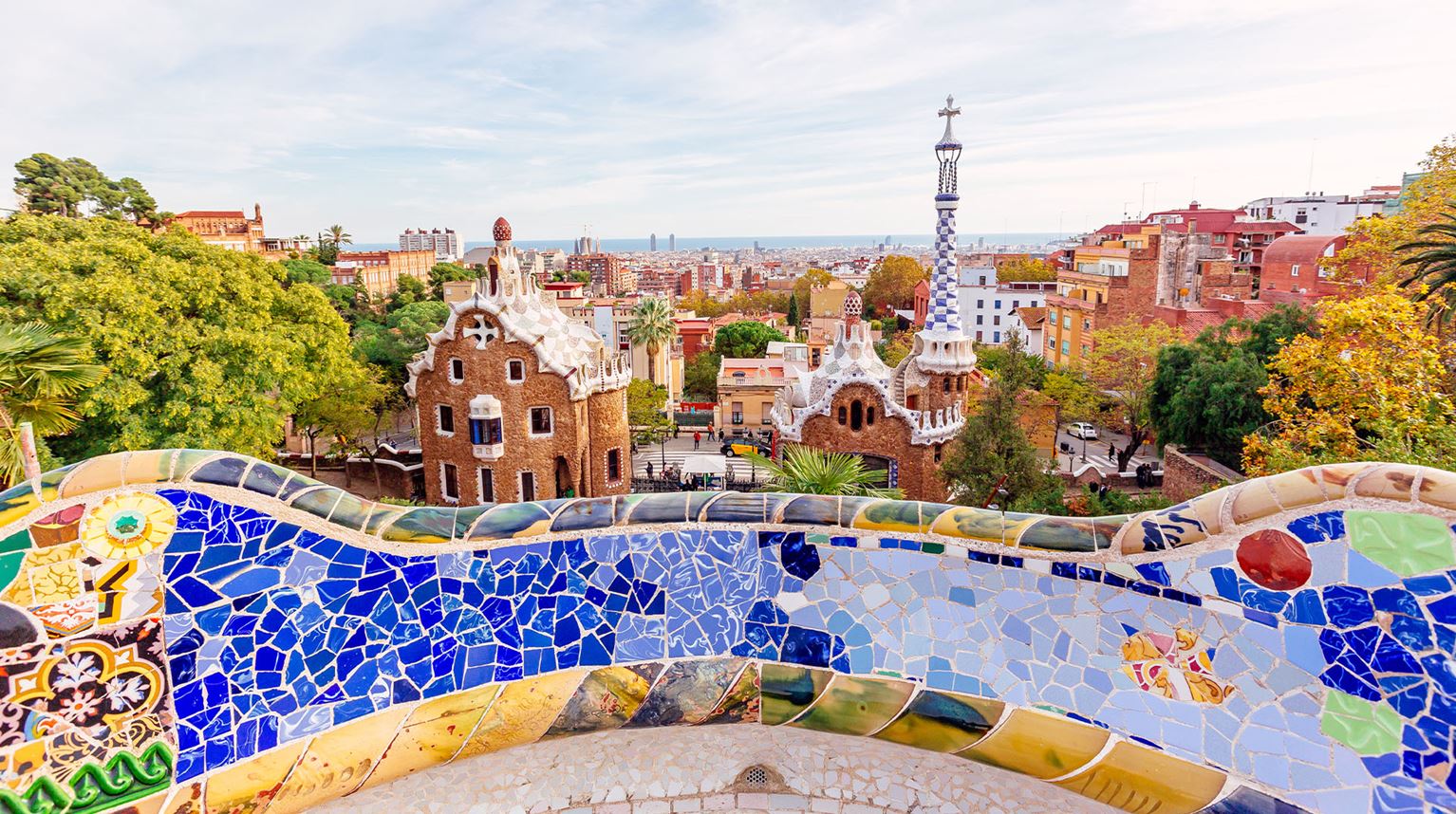 Barcelona skyline with colorful buildings at Guell Park 