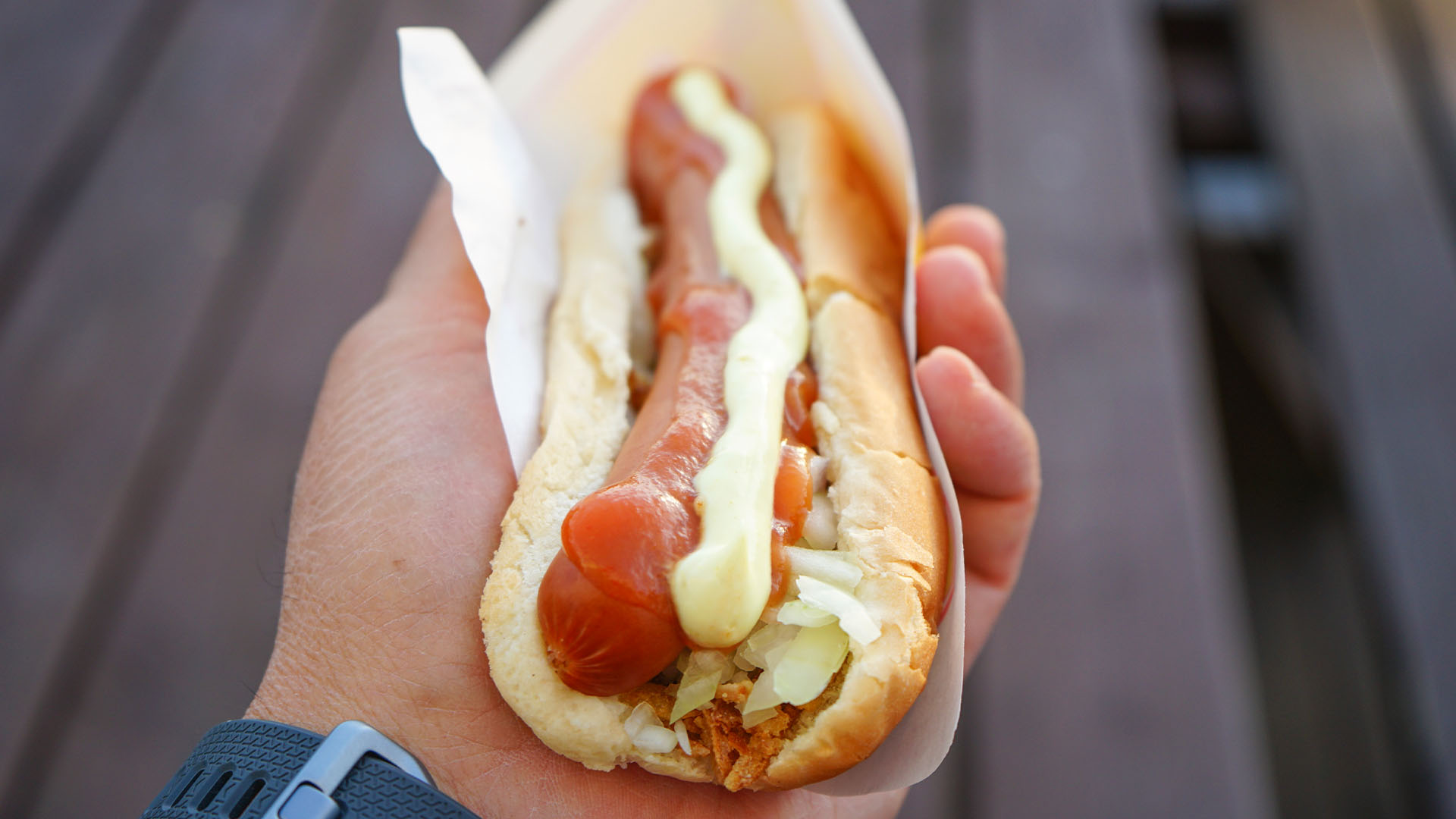 Hand holding a typical Icelandic hotdog