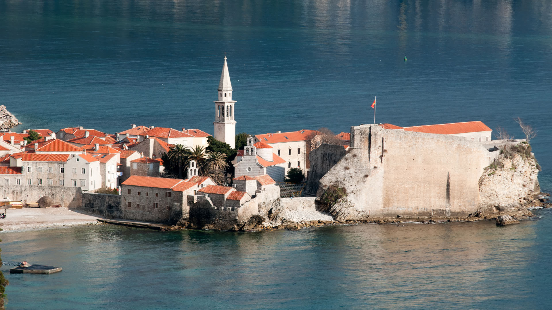 Aerial view of old town surrounded by the Adriatic Sea